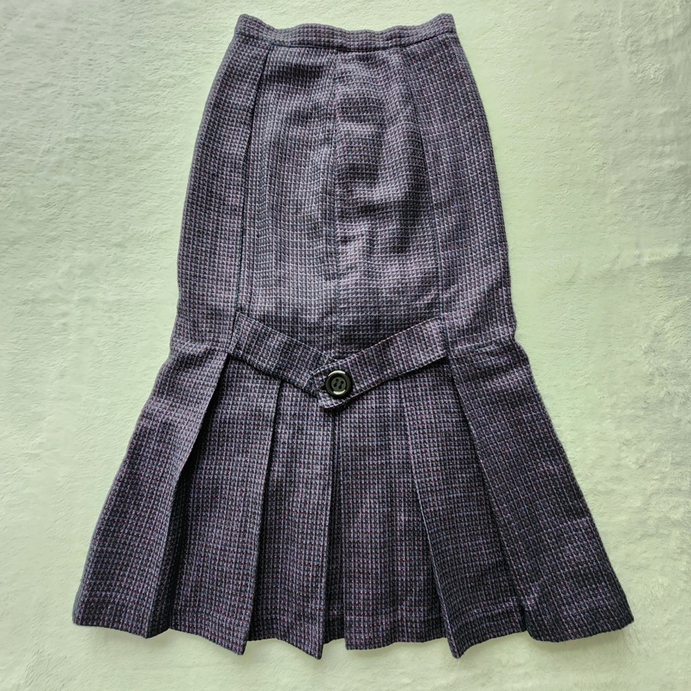 Vintage 70s Tweed Pleated Midi Skirt Womens 5 / 6 Purple Plaid Wool Blend Twee - Picture 6 of 15